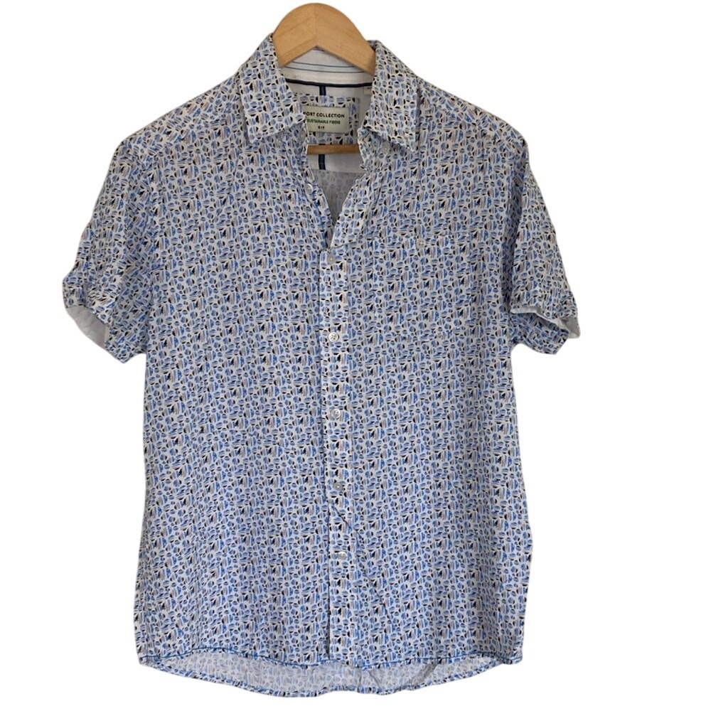 Report Collection Mens Sustainable‎ Fiber Blue Patterned Button Up Shirt Size S